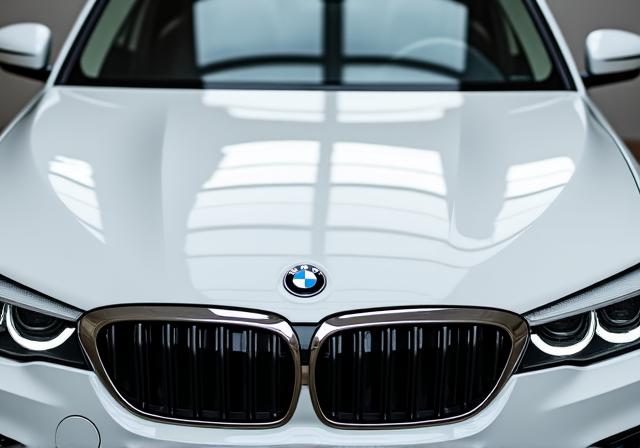 The same white car, now pristine and shiny.