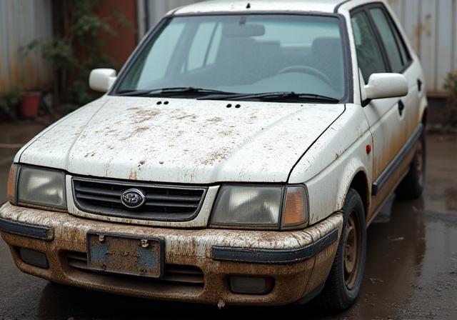 A dirty white car covered in mud.