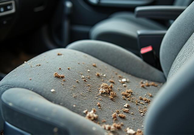 A messy car interior with dust and crumbs on the seats.